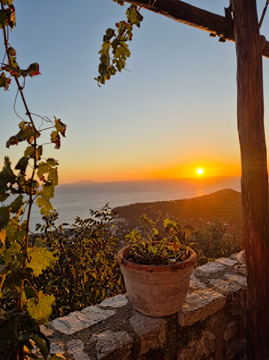 Golden sunset over the Ionian Sea seen from Café Butterfly's terrace