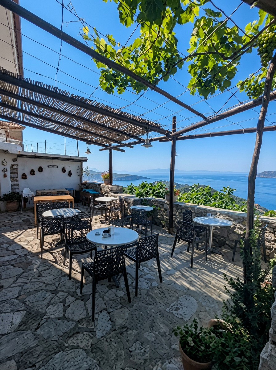 Sunlit stone terrace of Café Butterfly with pergola, grapevines and sea view